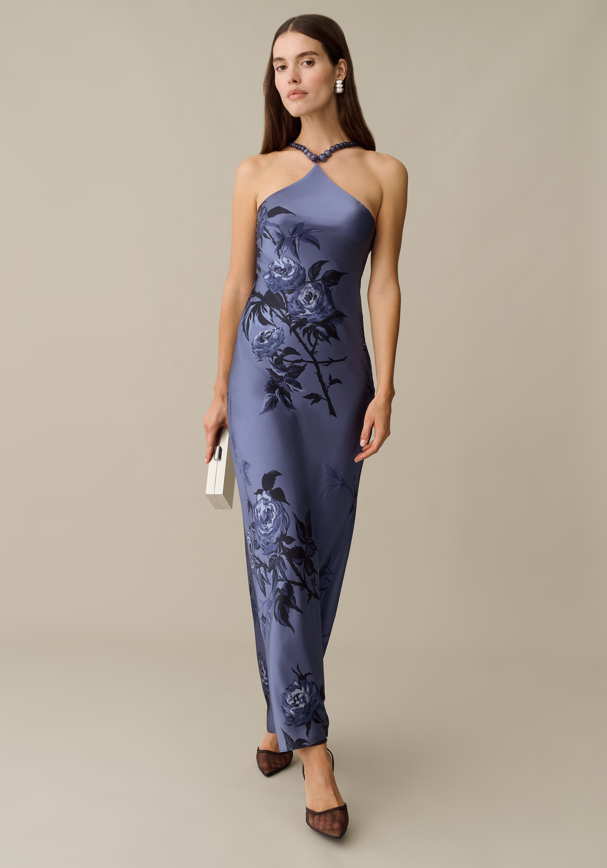 silk silhouette dress Halter Satin Gown with Ruched Bodice D5008