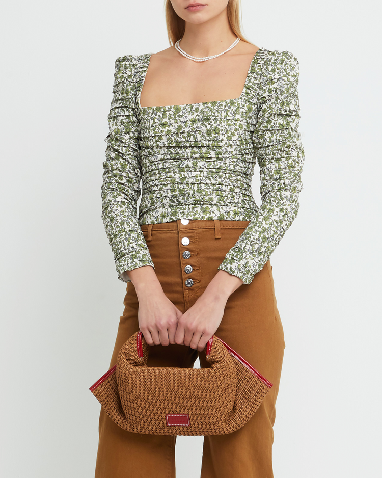 First image of Anastasia Top, a green long sleeve top, ruched, square neckline, smocked