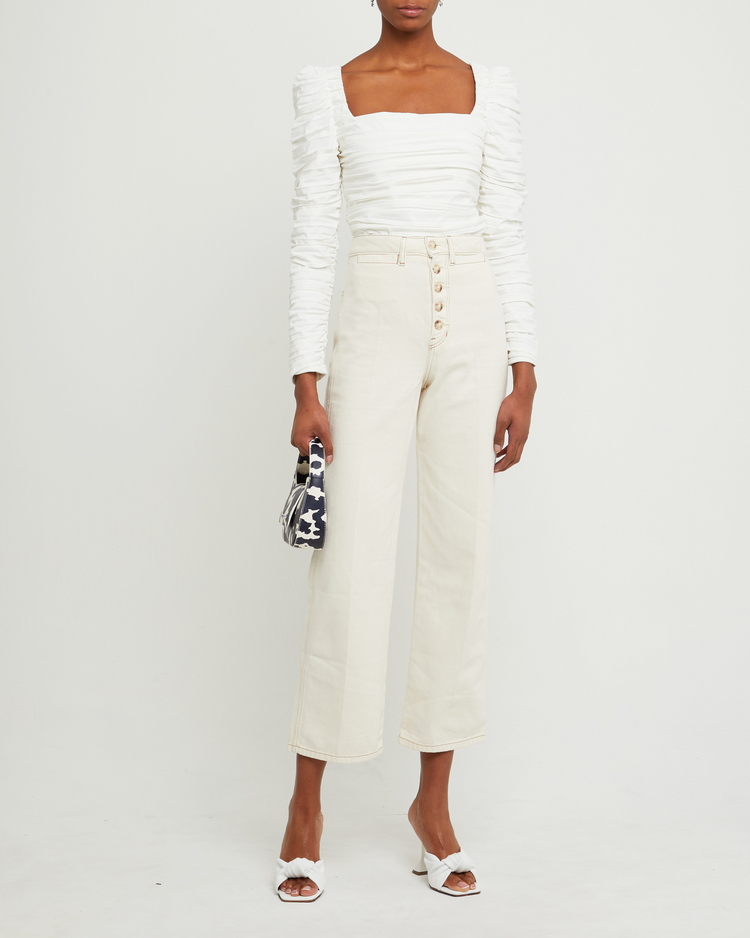 Fourth image of Anastasia Top, a white long sleeve top, ruched, square neckline, smocked