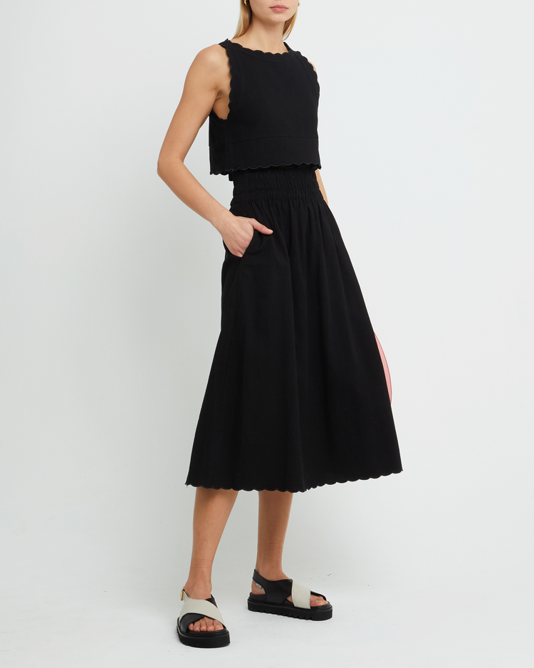 Fourth image of Chelsea Set, a black top and midi skirt, linen, elastic, scalloped hem, high neck