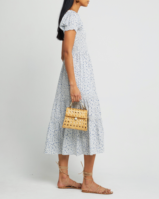 Third image of Square Neck Smocked Maxi Dress, a blue maxi dress, smocked, puff sleeves, short sleeves, floral