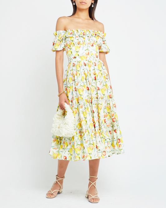 First image of Allegra Dress, a midi dress, fruit print, off the shoulder, ruffle, puff sleeve