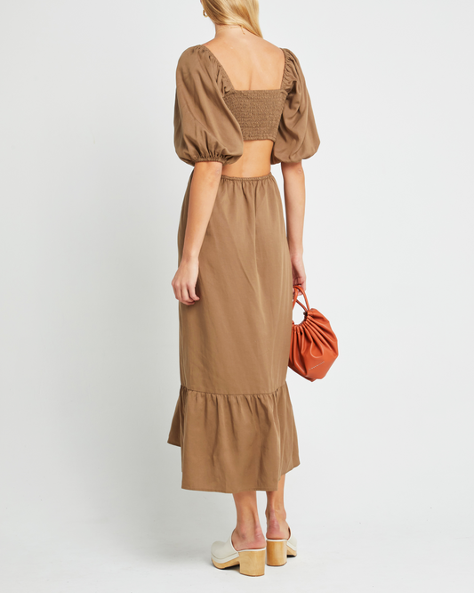 Second image of Leighton Dress, a maxi dress, open back, cut outs, puff sleeves, short sleeves