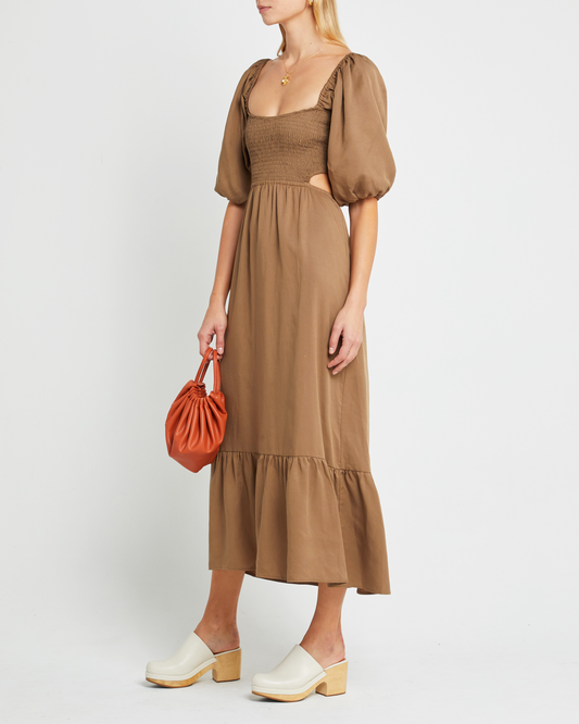 Third image of Leighton Dress, a maxi dress, open back, cut outs, puff sleeves, short sleeves