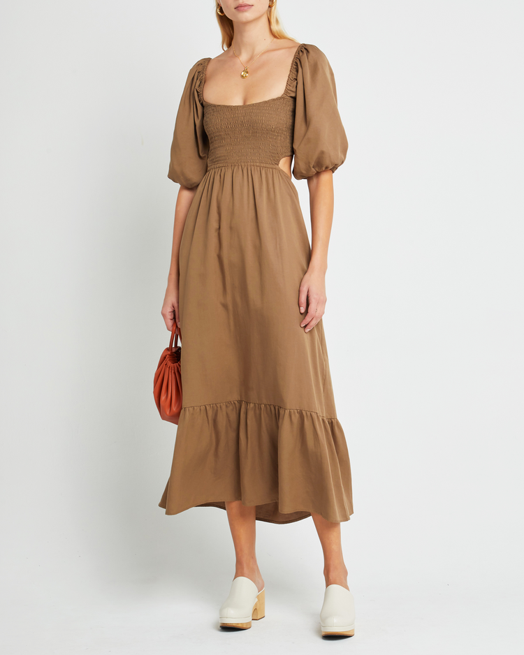 Fourth image of Leighton Dress, a maxi dress, open back, cut outs, puff sleeves, short sleeves