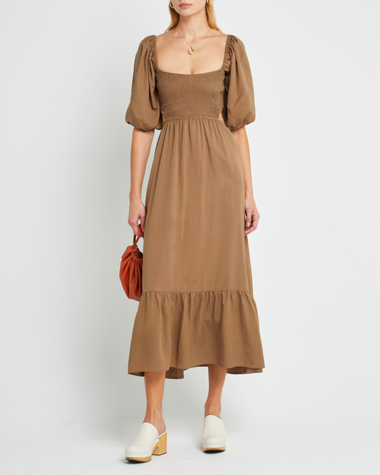 First image of Leighton Dress, a maxi dress, open back, cut outs, puff sleeves, short sleeves