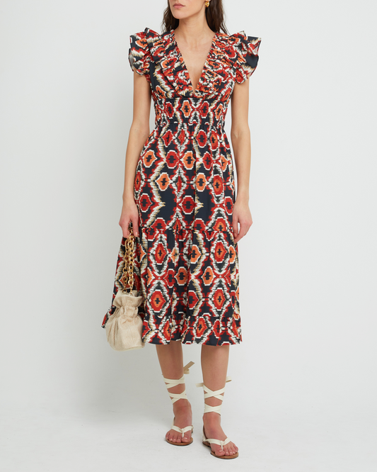 First image of Viansa Dress, a red maxi dress, print, bold, ruffle sleeves, cap sleeves, V-neck
