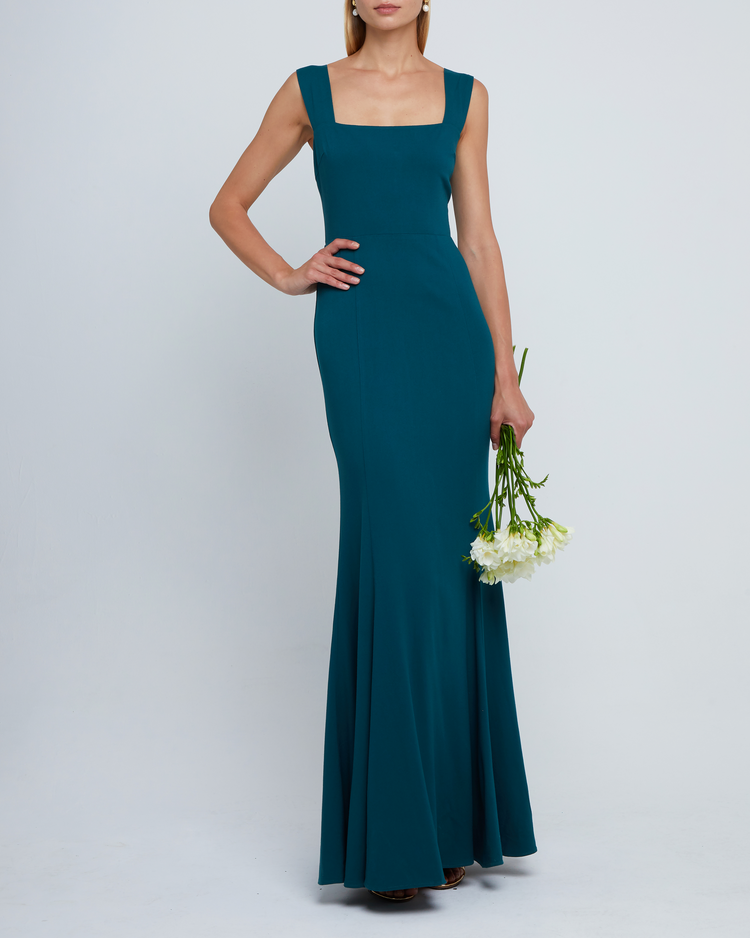 Fourth image of Rya Dress, a green long maxi-length bridesmaid dress with square neckline, back smocked detail, back zipper, thick straps, and lining