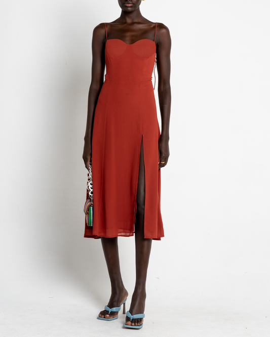 First image of Venus Dress, a orange midi dress, tie straps, spaghetti straps, side slit, bodice