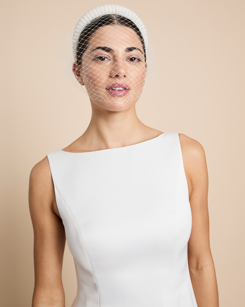 David\'s Bridal Ivory Feather and Birdcage Veil Headband Birdcage Bow Veil | David main image 3