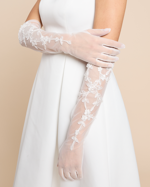 knee length dresses for ladies Long Bridal Gloves with Lace Applique - Sheer Florals French Lace Long Gloves