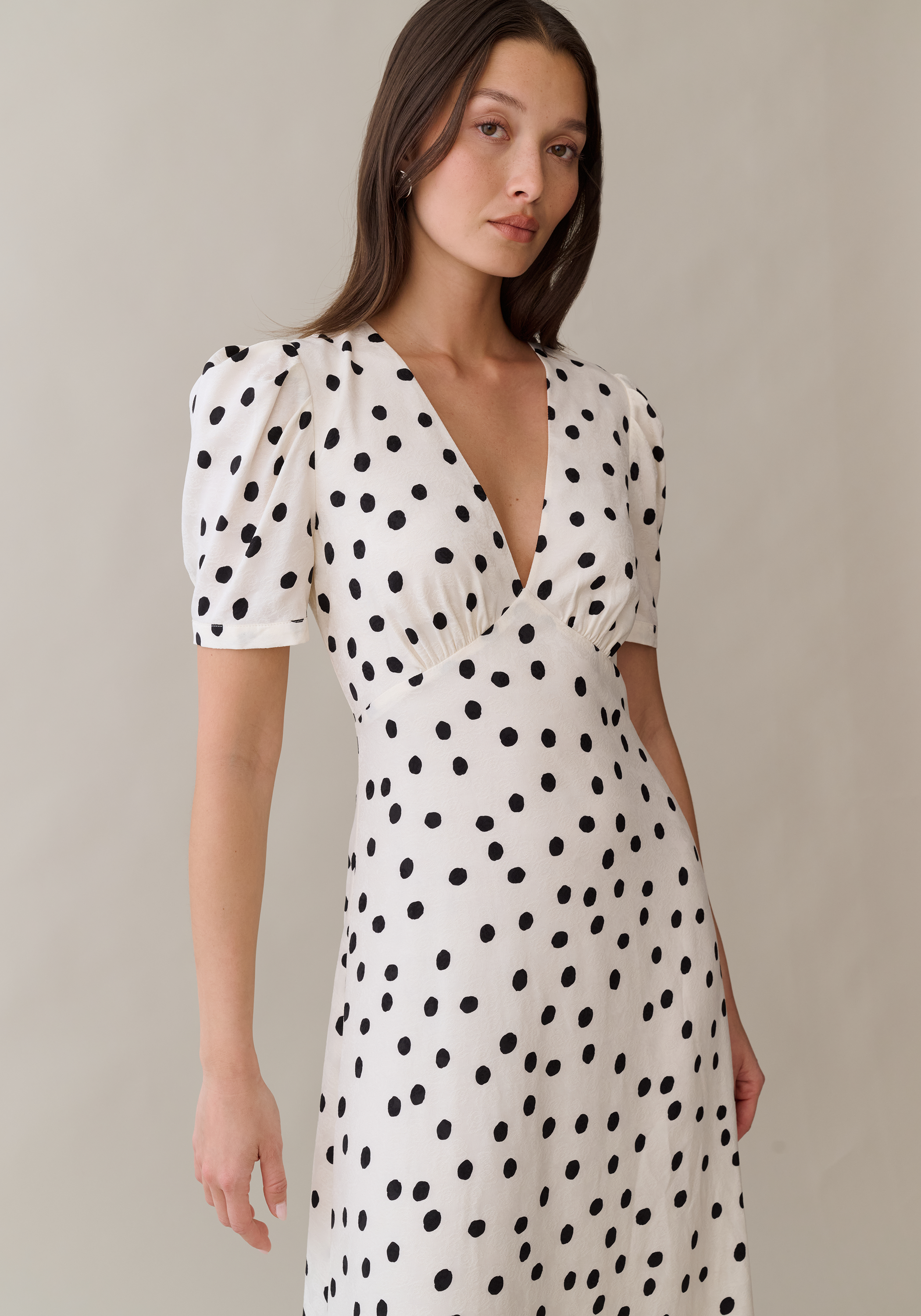 white dress with white polka dots Rich In Love Strapless Midi Dress White/Black Polka Dot