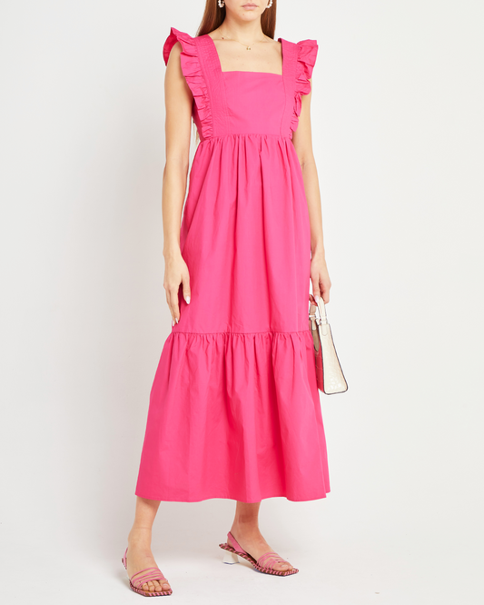 First image of Passion Dress, a pink midi dress, square neckline, ruffle, cap sleeve, tiered, back tie, open back, bow, ribbon