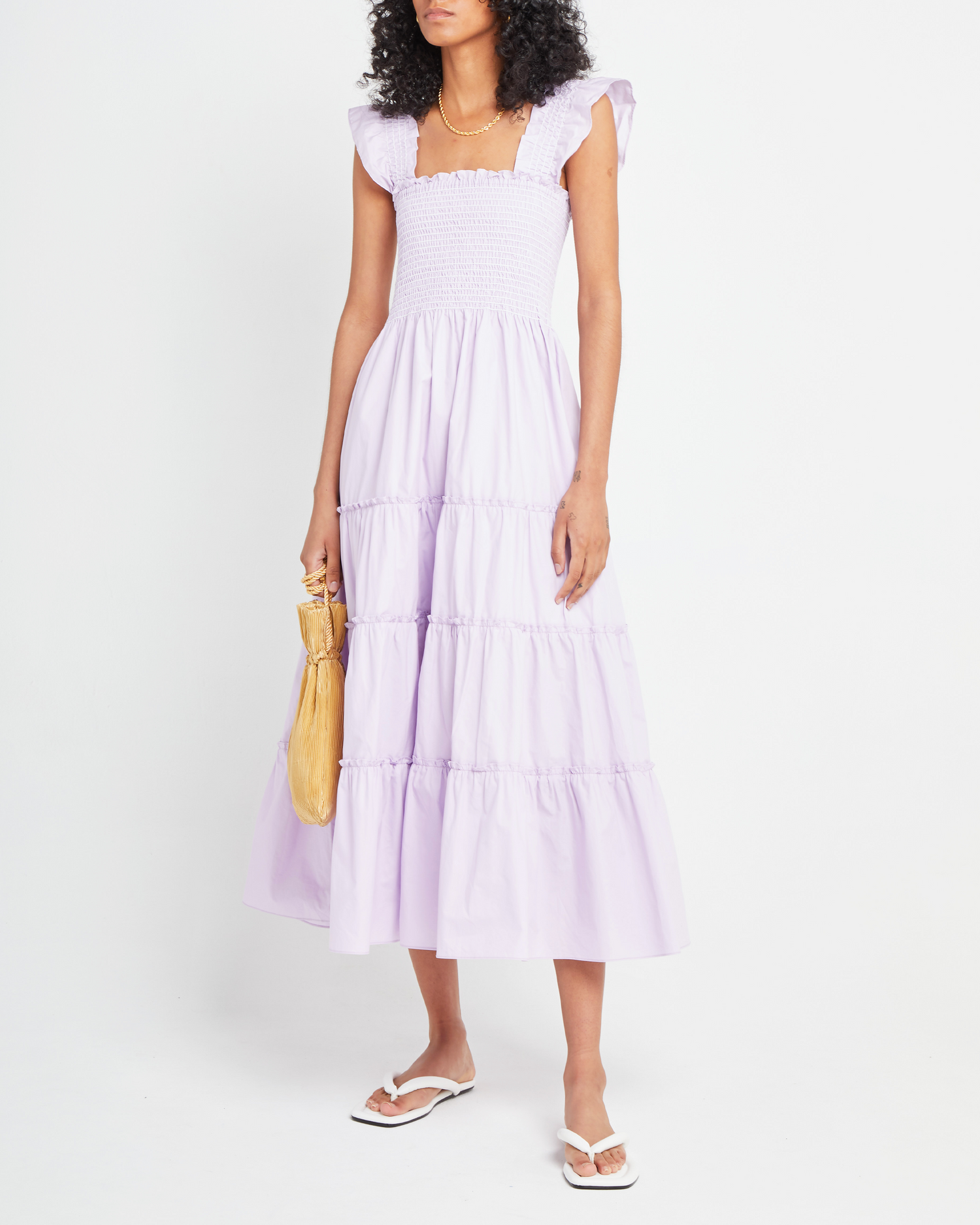 First image of Calypso Maxi Dress, a purple maxi dress, ruffle cap sleeves, smocked bodice