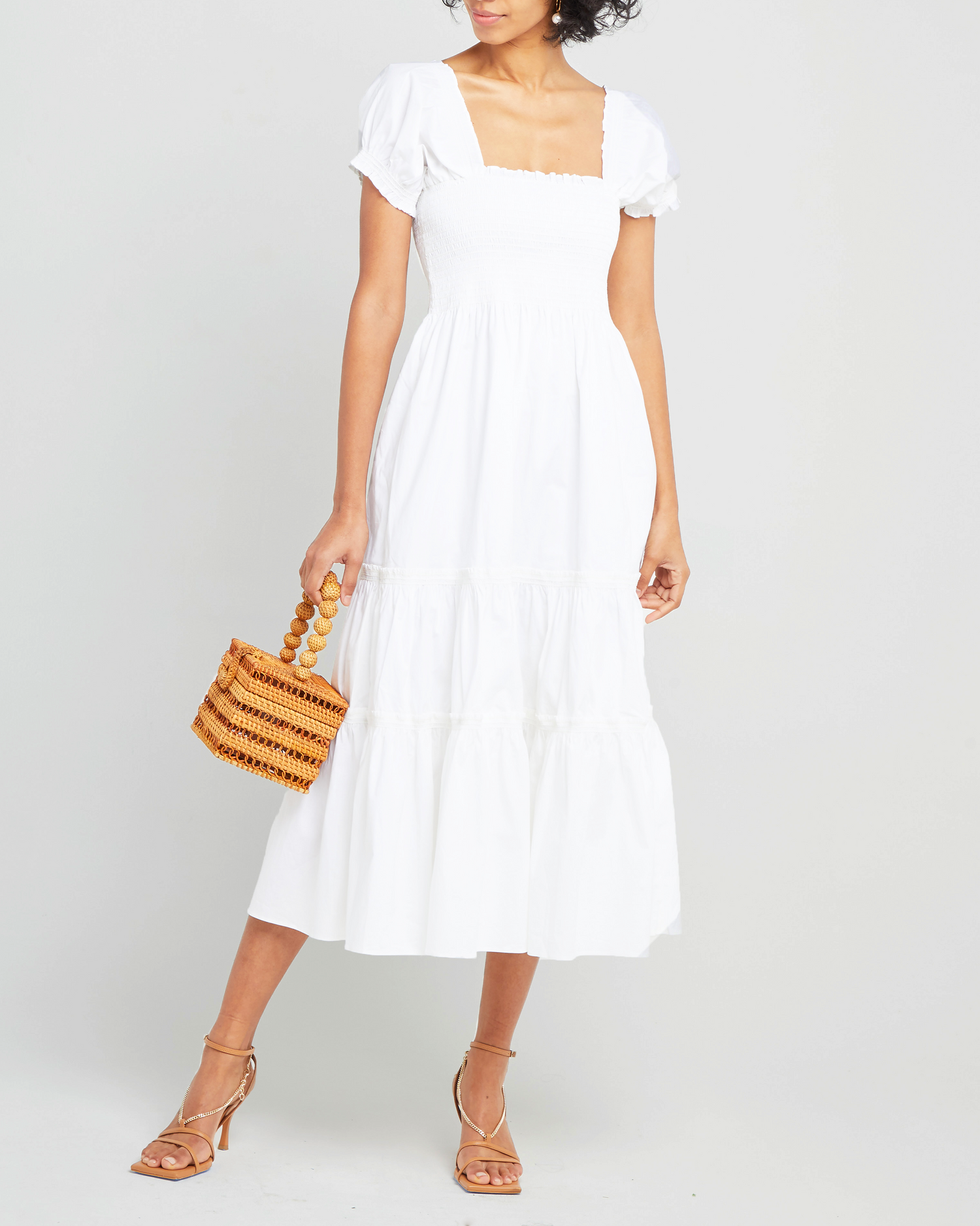 First image of Square Neck Smocked Maxi Dress, a white maxi dress, smocked, puff sleeves, short sleeves