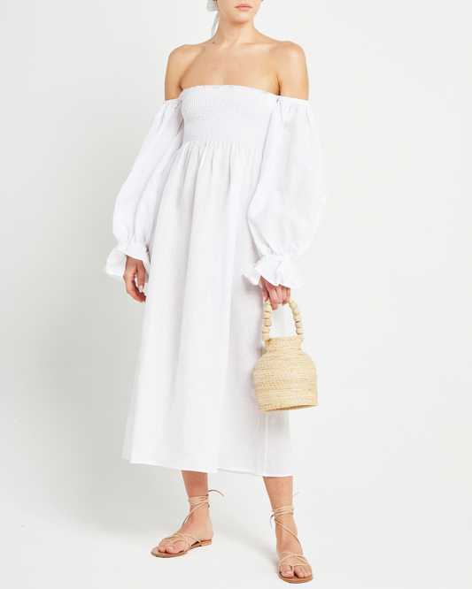 First image of Athena Dress, a white midi dress, off shoulder, long sleeve, puff sleeves, smocked