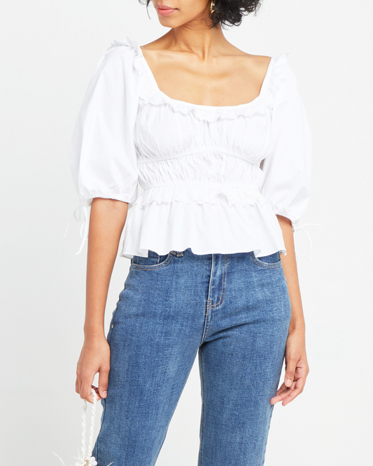 First image of Snow Hill Top, a white puff sleeve top, lace and ruffle details, peplum-like hem