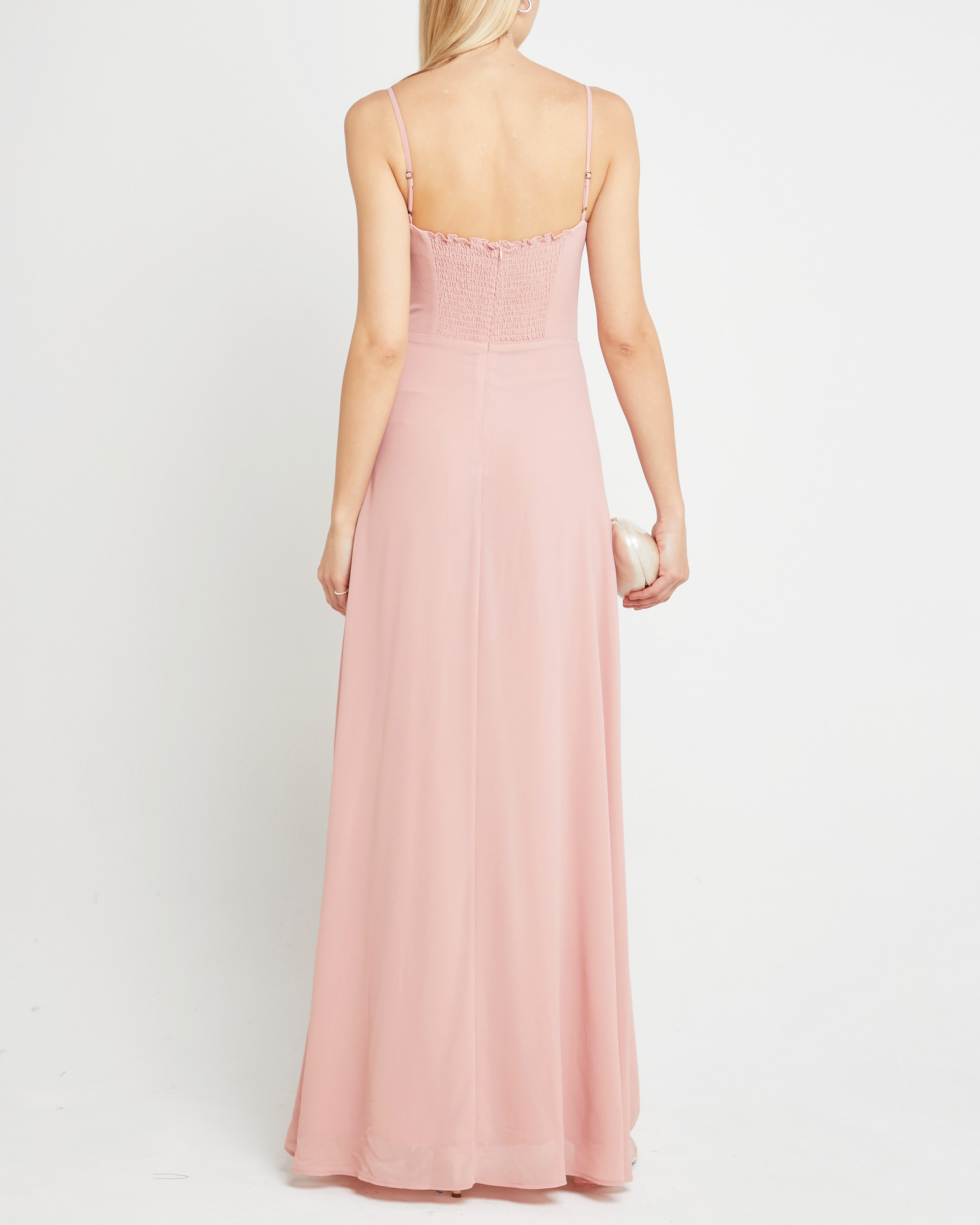Sixth image of Jessica Maxi Dress, a pink wedding guest dress with back zipper, straight neckline, side slit, adjustable straps, smocked back detail, and lining