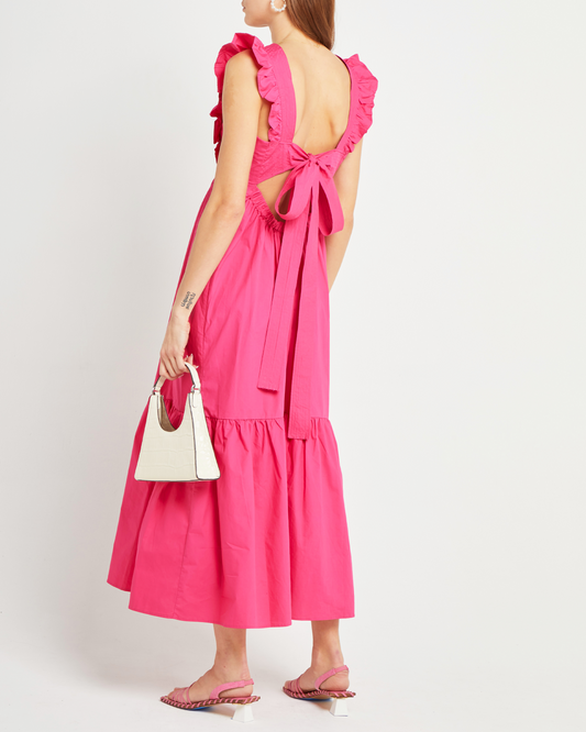 Second image of Passion Dress, a pink midi dress, square neckline, ruffle, cap sleeve, tiered, back tie, open back, bow, ribbon