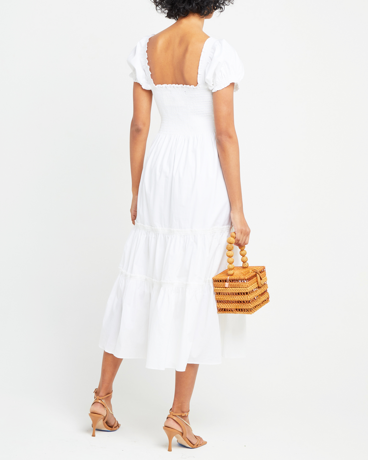 Second image of Square Neck Smocked Maxi Dress, a white maxi dress, smocked, puff sleeves, short sleeves