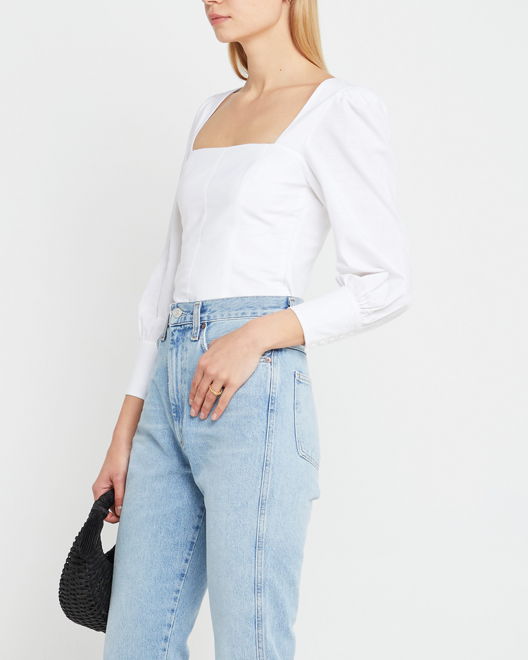 Third image of Sipora Top, a white puff sleeve top, square neck, long sleeve, puff sleeve