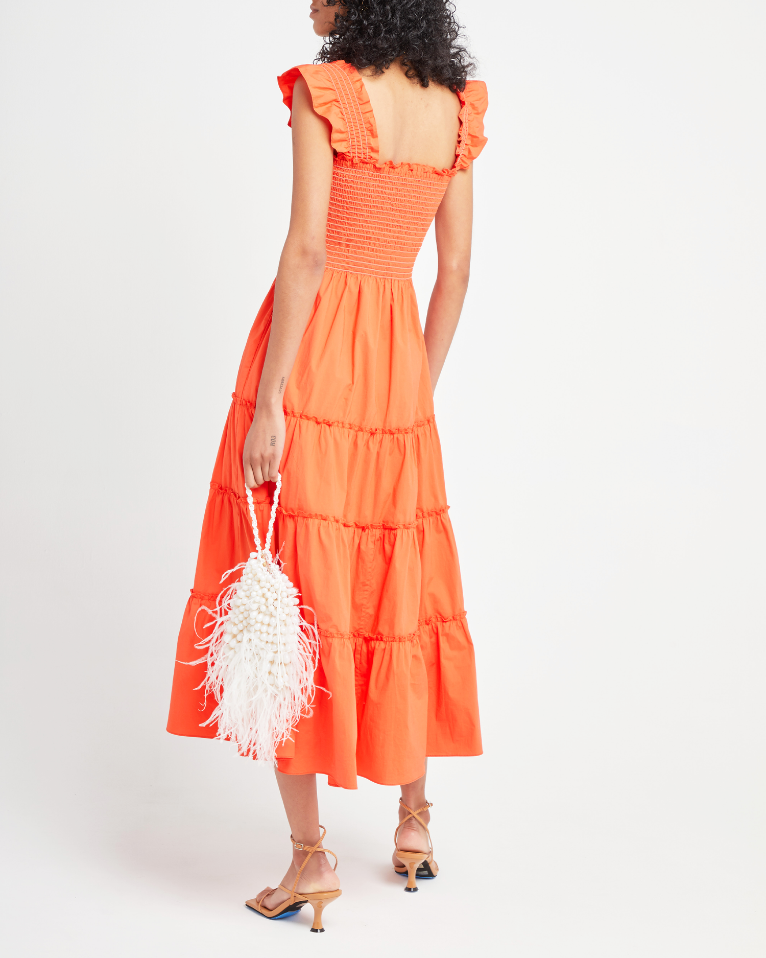 Second image of Calypso Maxi Dress, a orange maxi dress,ruffle cap sleeves, smocked bodice