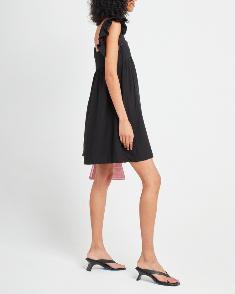 Third image of Aria Dress, a black mini dress, ruffle sleeves, retro, babydoll, square neckline