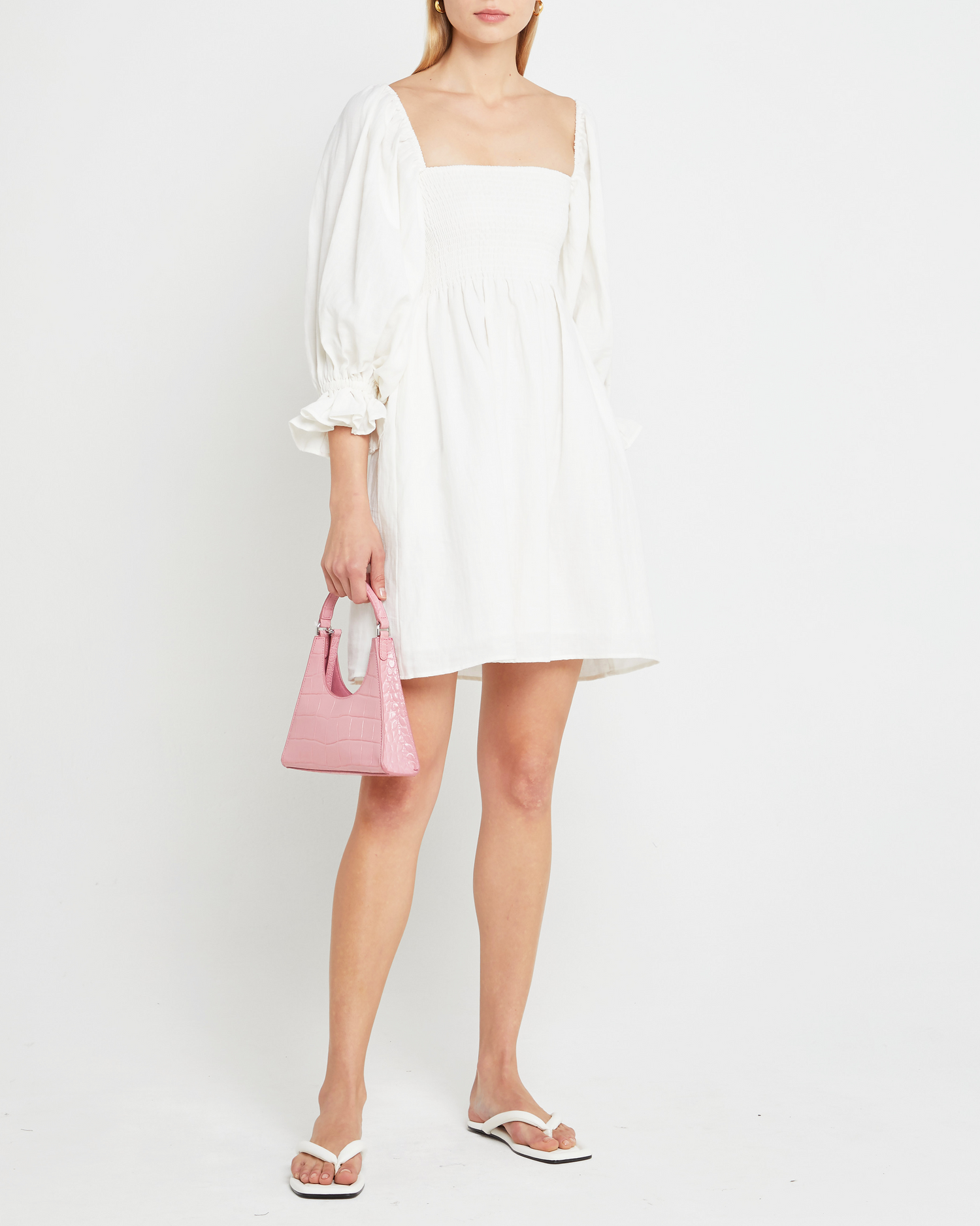 Third image of Portia Mini Dress, a white mini dress, puff sleeves, smocked, square neckline