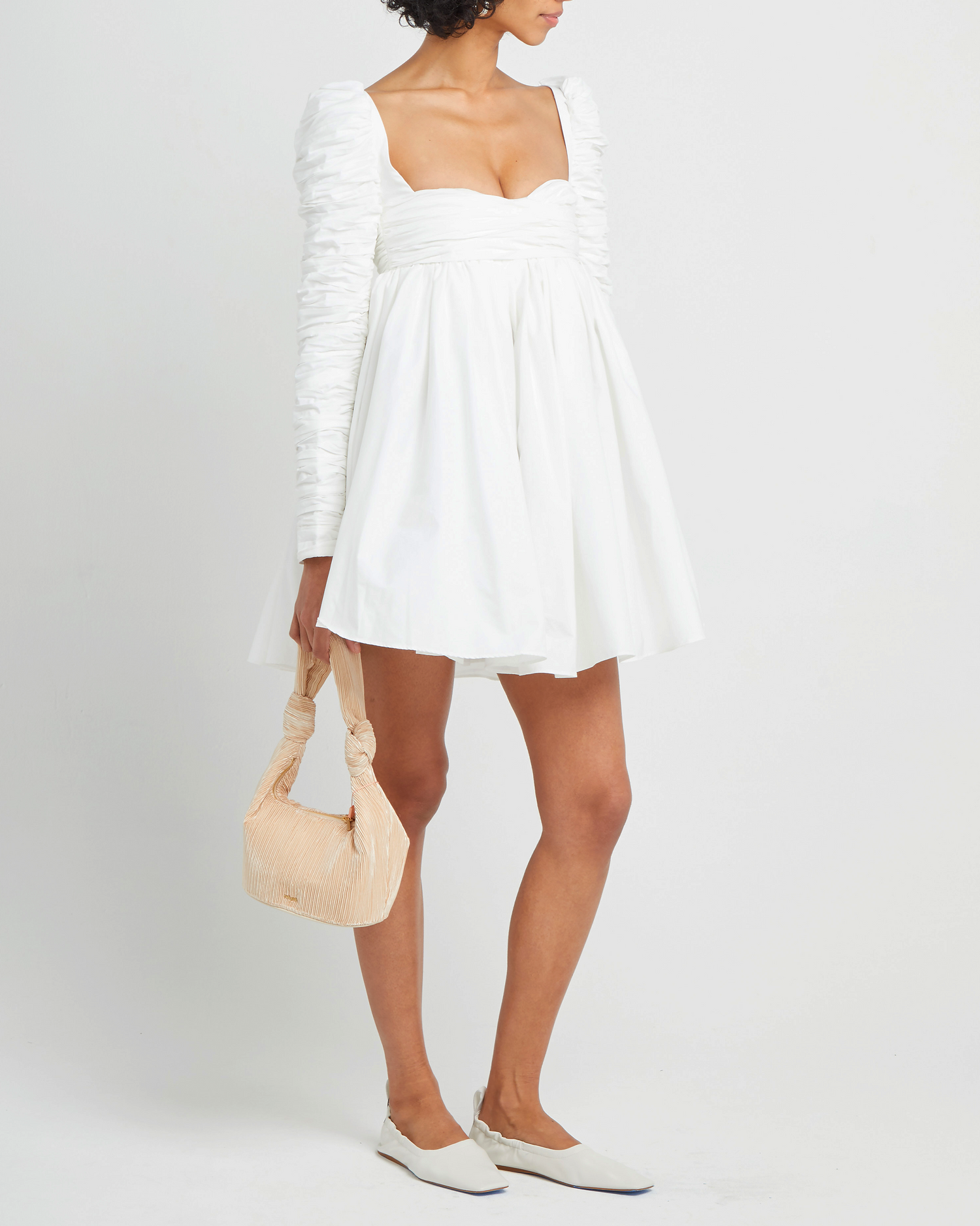Third image of Structured Long-Sleeve Frock, a white mini dress, babydoll, long ruched sleeves, square neckline
