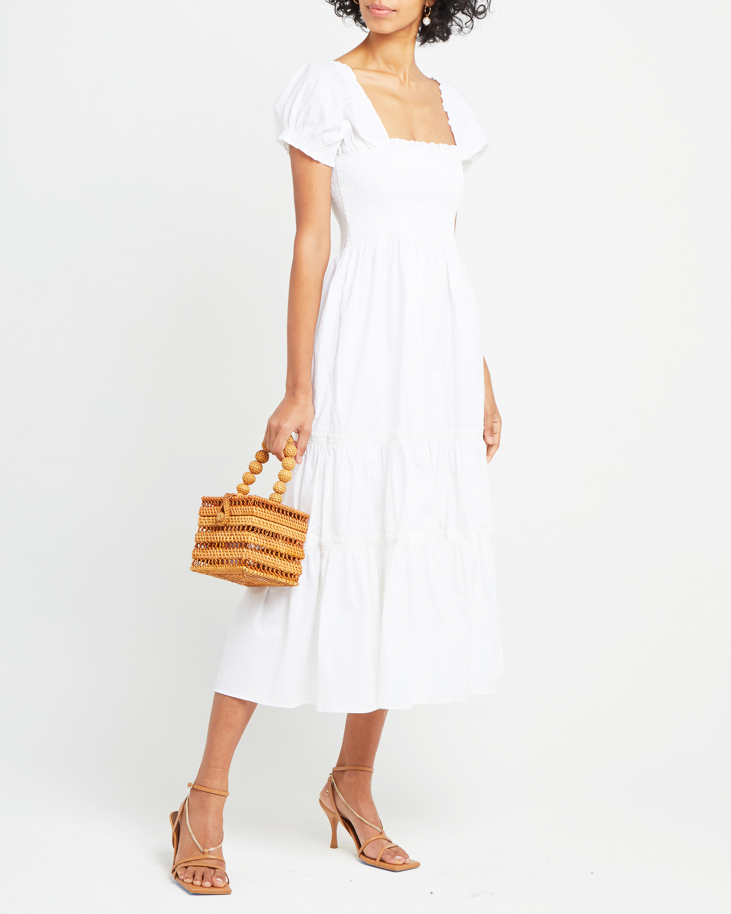 Third image of Square Neck Smocked Maxi Dress, a white maxi dress, smocked, puff sleeves, short sleeves