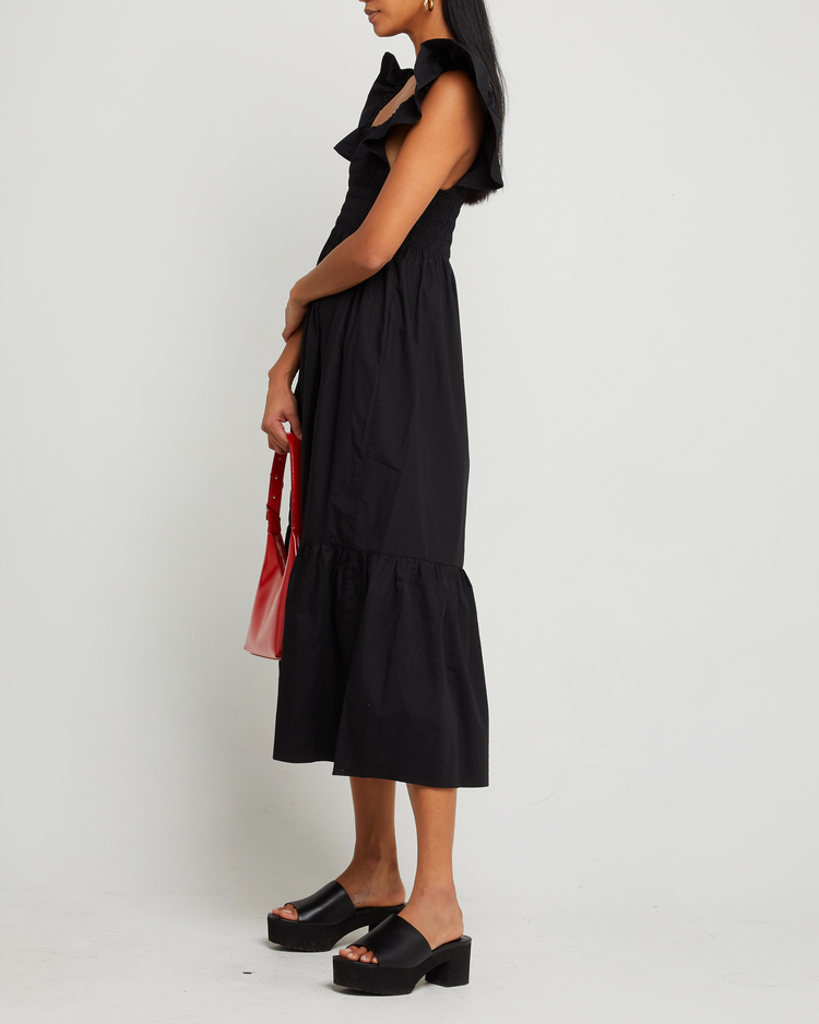 Third image of Tuscany Dress, a black maxi dress, smocked bodice, ruffled cap sleeves, pockets