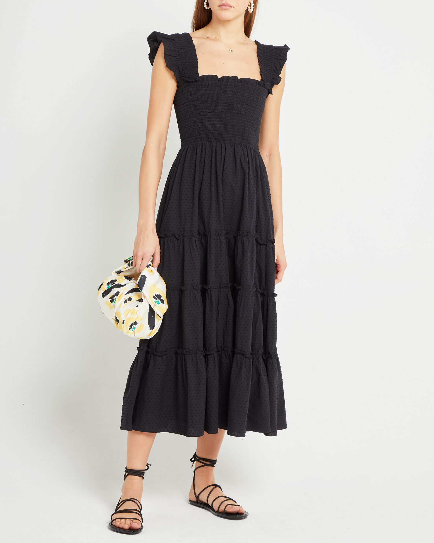 Third image of Calypso Maxi Dress, a black maxi dress, swiss dot material, smocked bodice, ruffles cap sleeves 