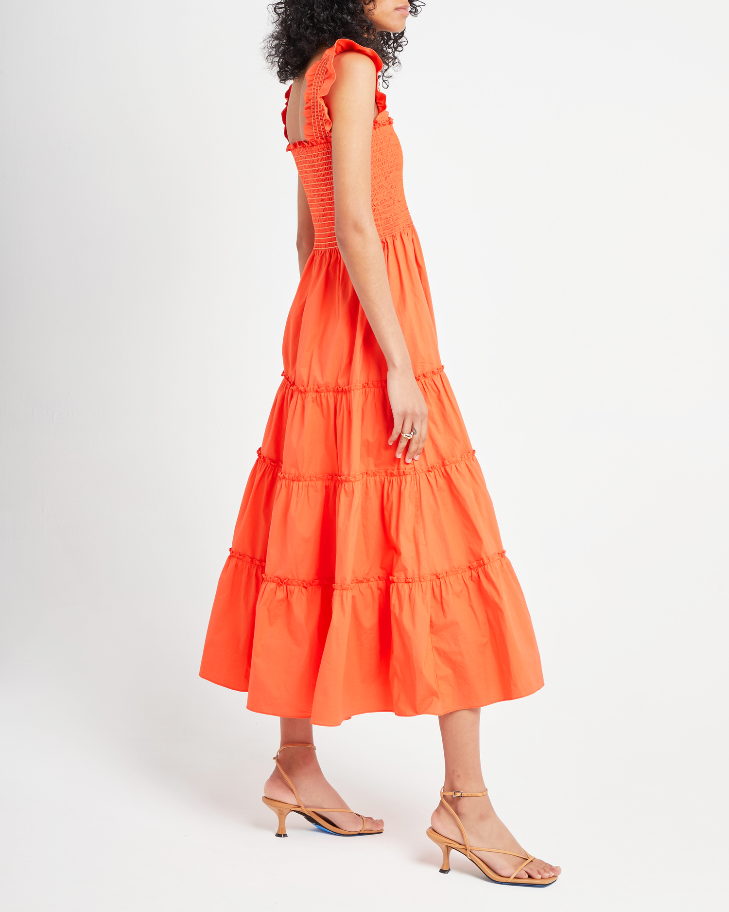 Third image of Calypso Maxi Dress, a orange maxi dress,ruffle cap sleeves, smocked bodice