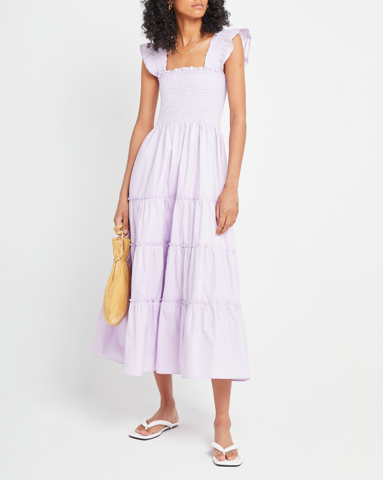 Fourth image of Calypso Maxi Dress, a purple maxi dress, ruffle cap sleeves, smocked bodice