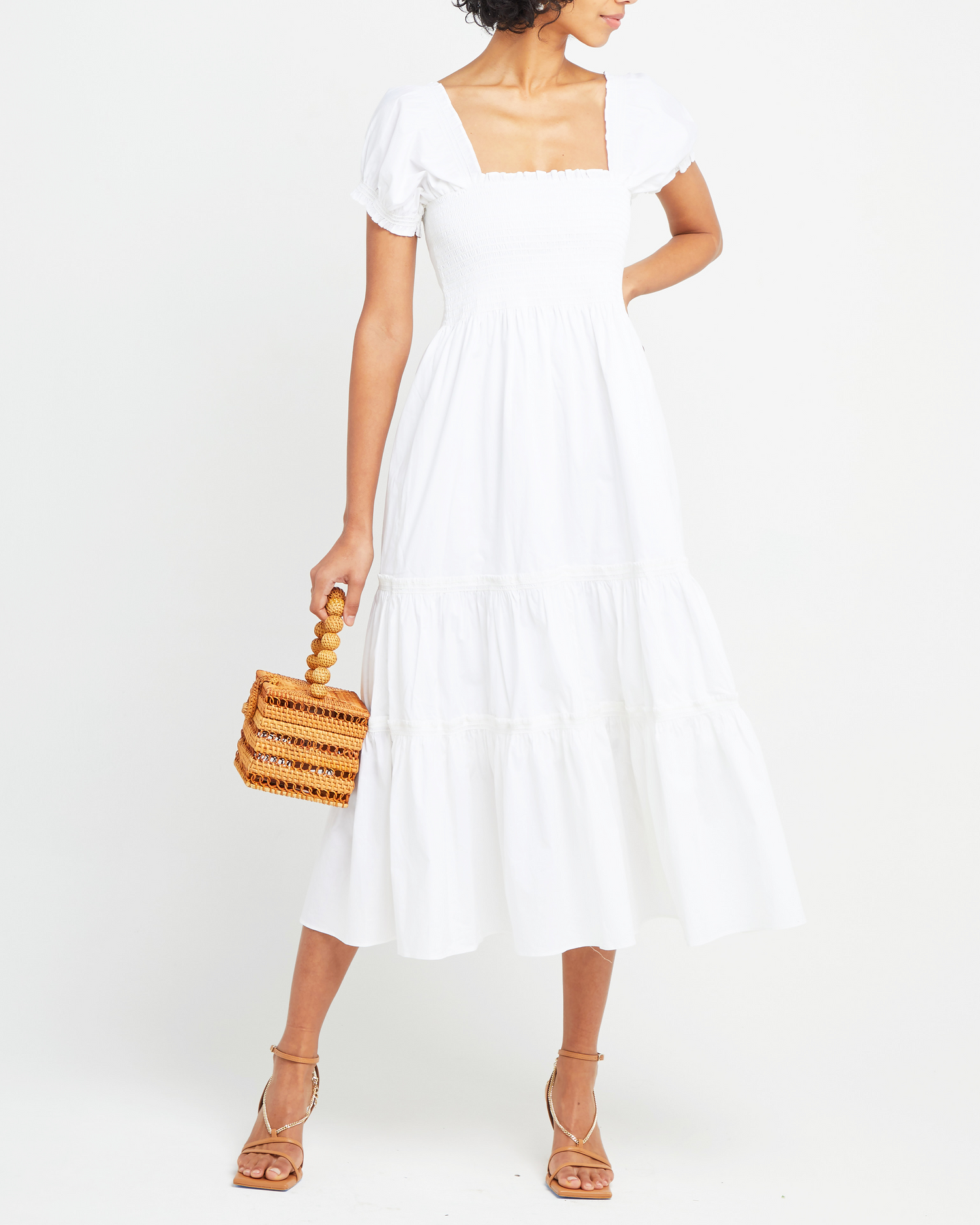 Fourth image of Square Neck Smocked Maxi Dress, a white maxi dress, smocked, puff sleeves, short sleeves