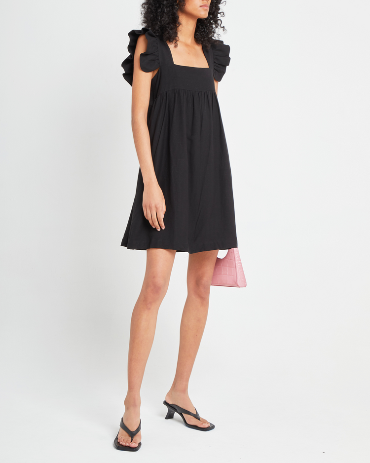 Fourth image of Aria Dress, a black mini dress, ruffle sleeves, retro, babydoll, square neckline