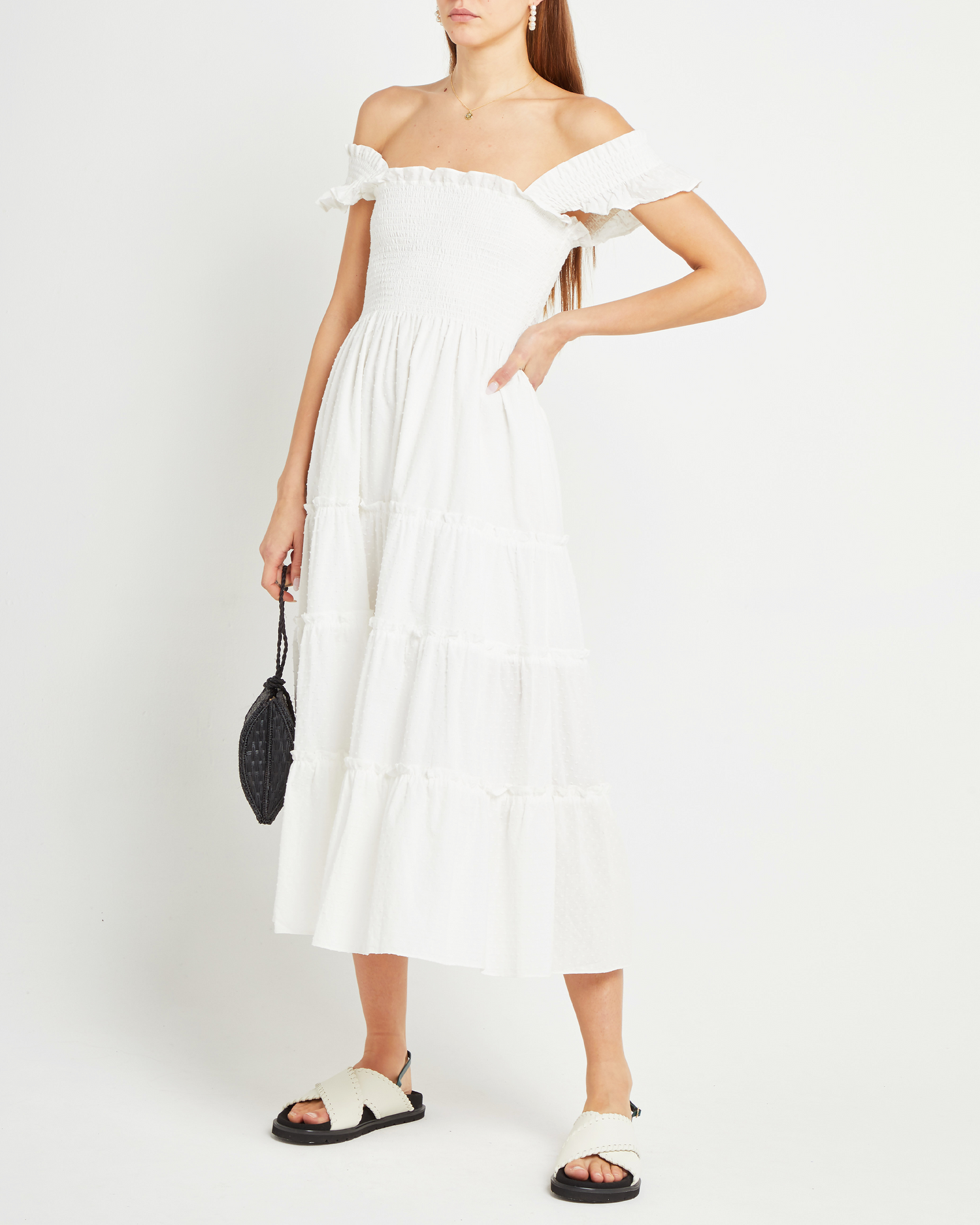 Fourth image of Calypso Maxi Dress, a white maxi dress, swiss dot material, smocked bodice, ruffles cap sleeves 