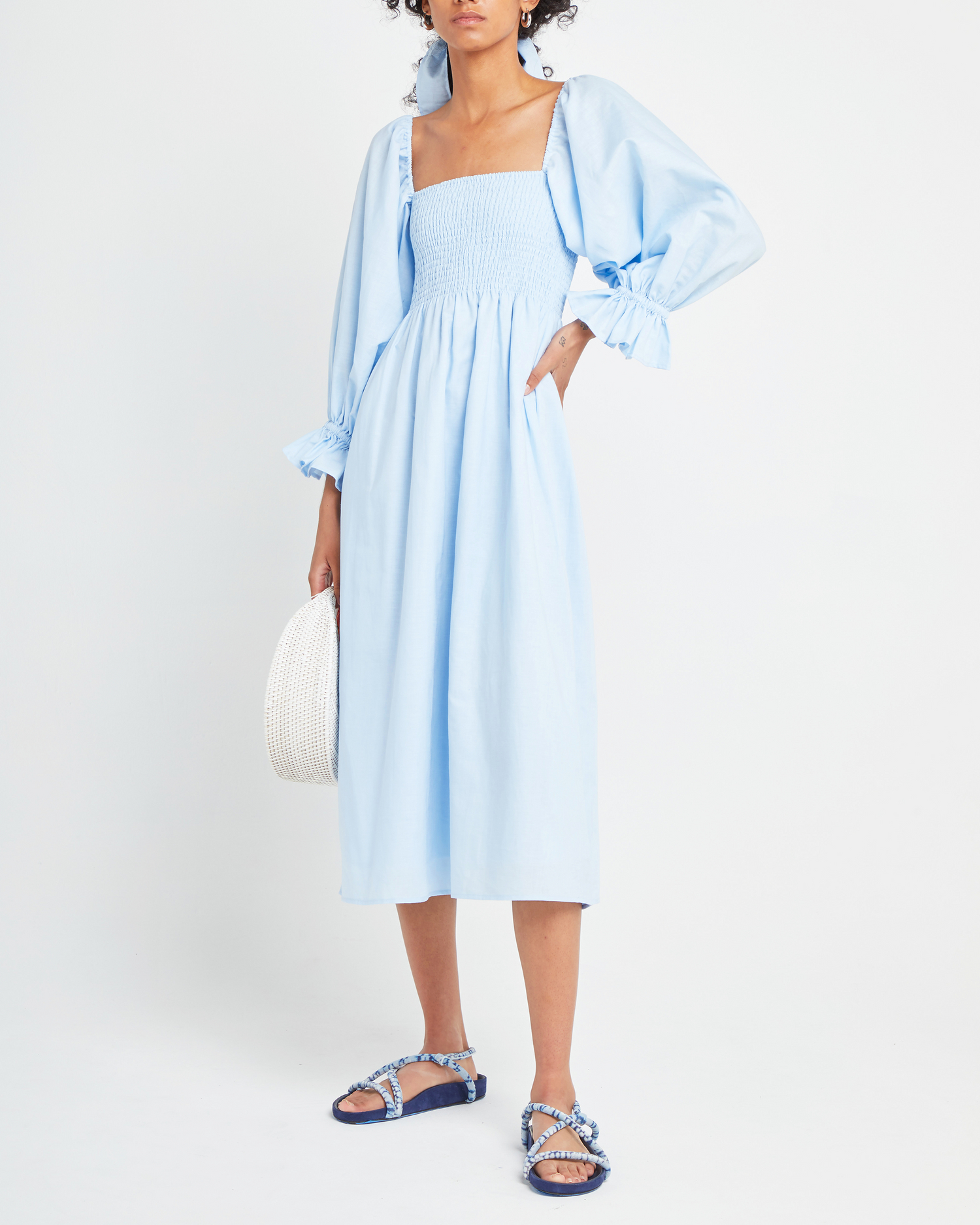 Fourth image of Athena Dress, a blue midi dress, off shoulder, long sleeve, puff sleeves, smocked