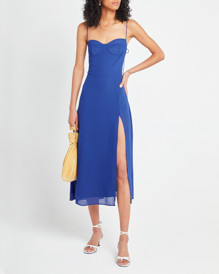Fourth image of Venus Dress, a blue midi dress, tie straps, spaghetti straps, side slit, bodice
