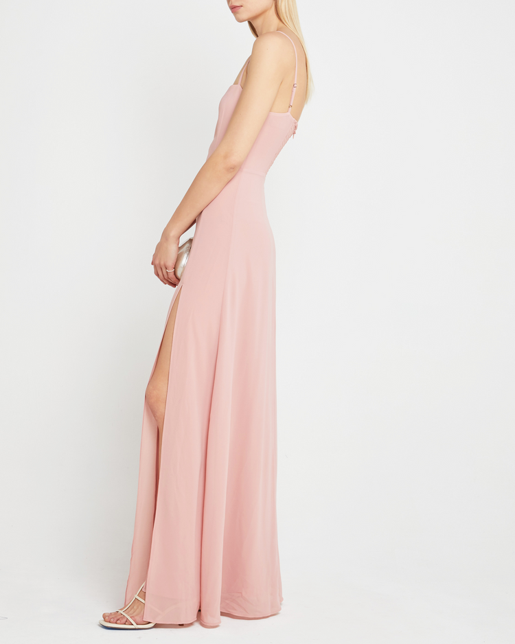 Fourth image of Jessica Maxi Dress, a pink wedding guest dress with back zipper, straight neckline, side slit, adjustable straps, smocked back detail, and lining