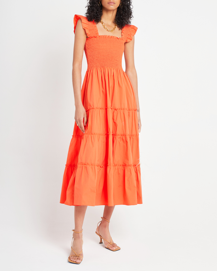Fourth image of Calypso Maxi Dress, a orange maxi dress,ruffle cap sleeves, smocked bodice