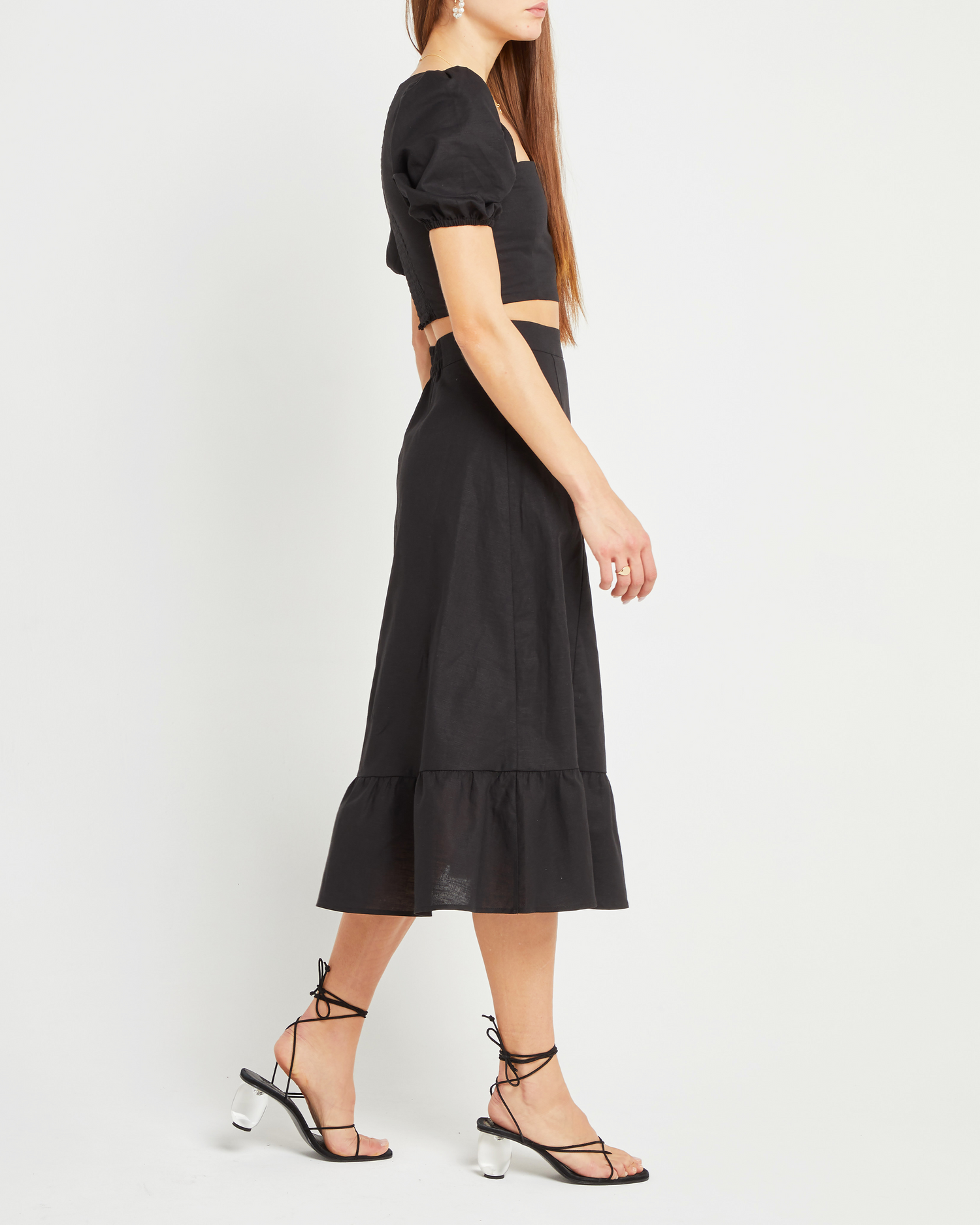 Fifth image of Sana Set, a black top and maxi skirt, puff sleeve, seperates, square neckline