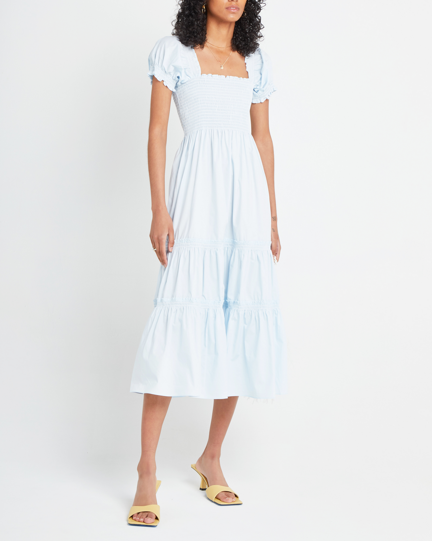 Fifth image of Square Neck Smocked Maxi Dress, a blue maxi dress, smocked, puff sleeves, short sleeves