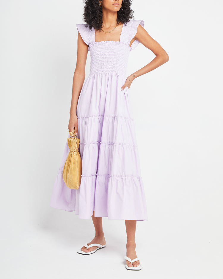 Fifth image of Calypso Maxi Dress, a purple maxi dress, ruffle cap sleeves, smocked bodice