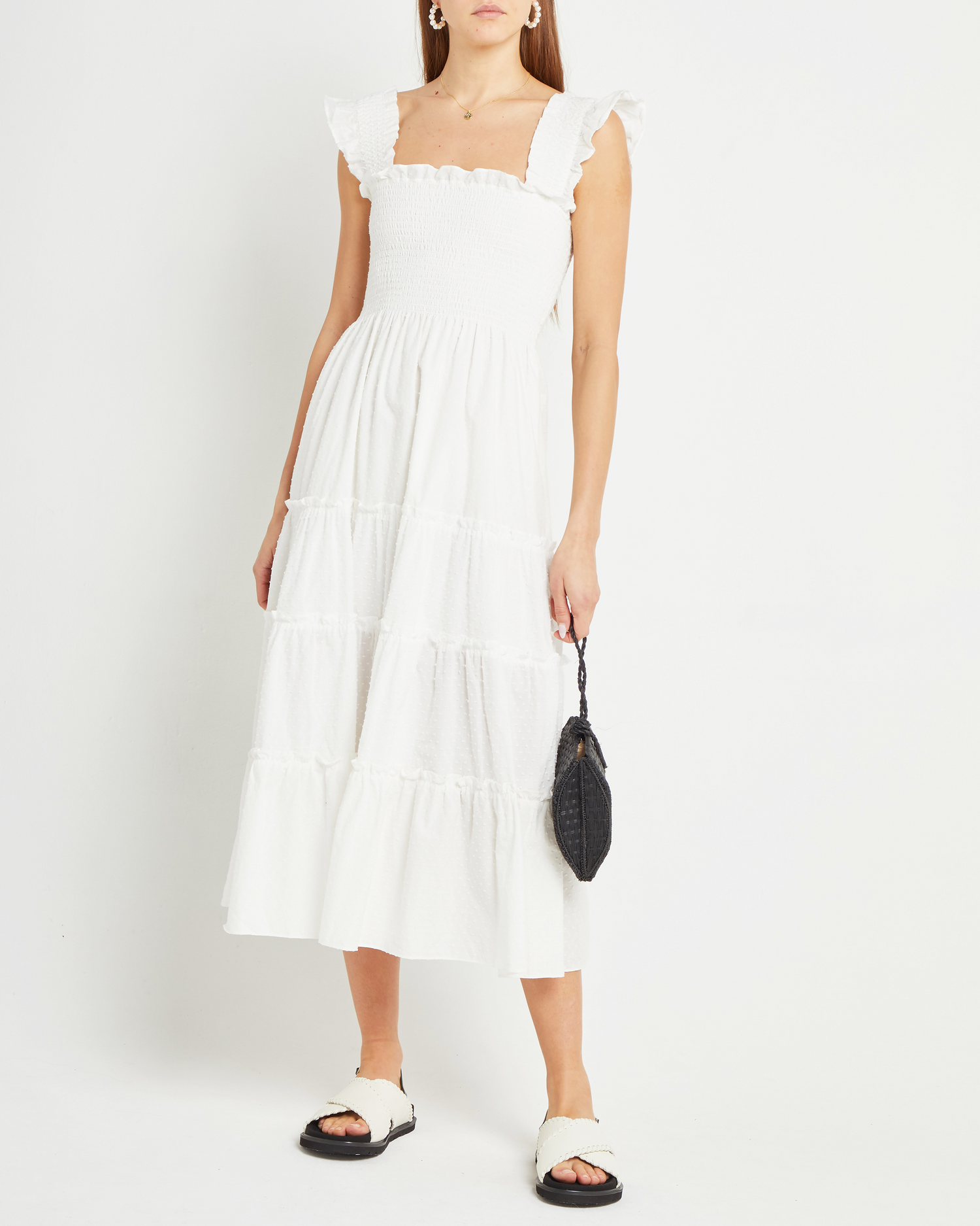 Fifth image of Calypso Maxi Dress, a white maxi dress, swiss dot material, smocked bodice, ruffles cap sleeves 