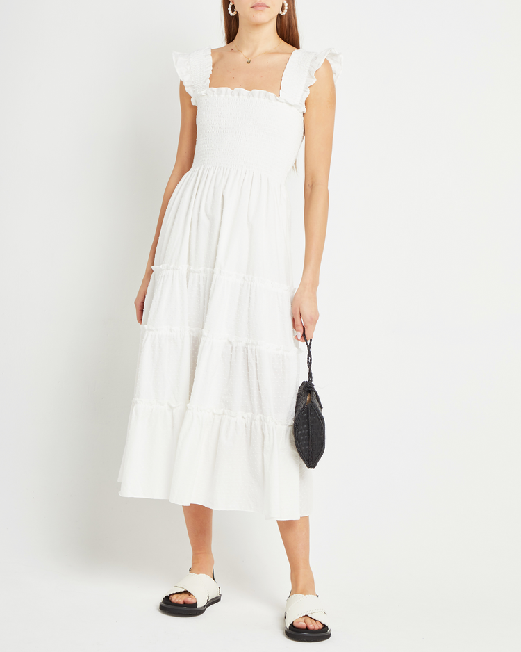 Fifth image of Calypso Maxi Dress, a white maxi dress, swiss dot material, smocked bodice, ruffles cap sleeves 