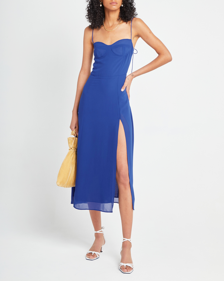 Sixth image of Venus Dress, a blue midi dress, tie straps, spaghetti straps, side slit, bodice