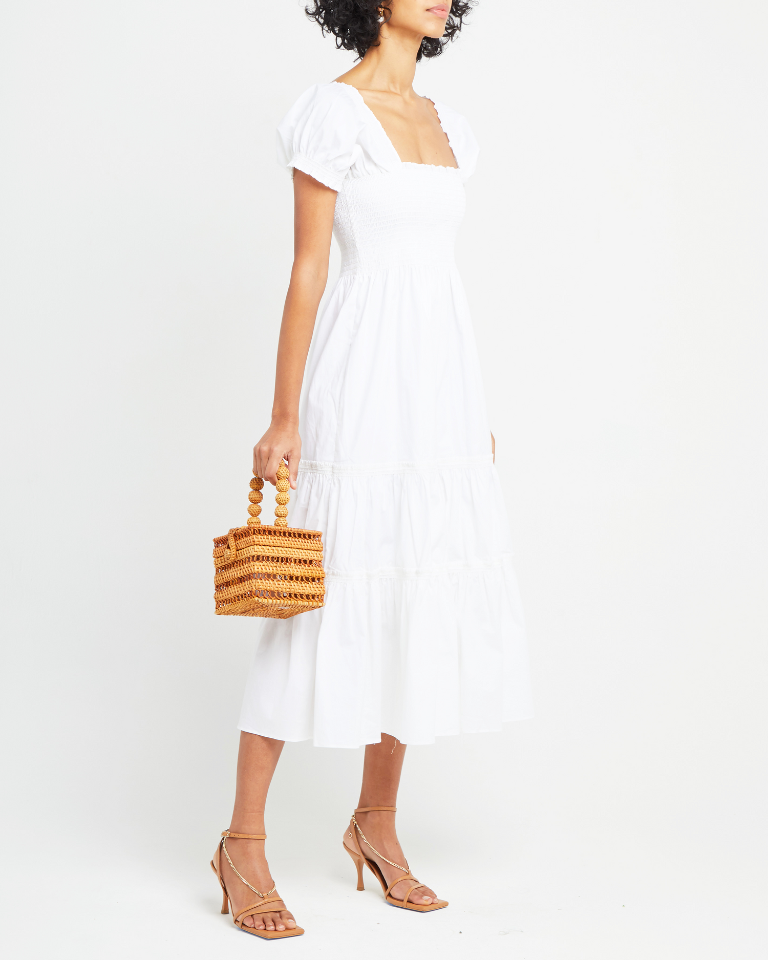 Sixth image of Square Neck Smocked Maxi Dress, a white maxi dress, smocked, puff sleeves, short sleeves
