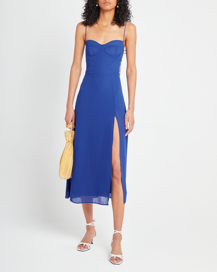 Fifth image of Venus Dress, a blue midi dress, tie straps, spaghetti straps, side slit, bodice