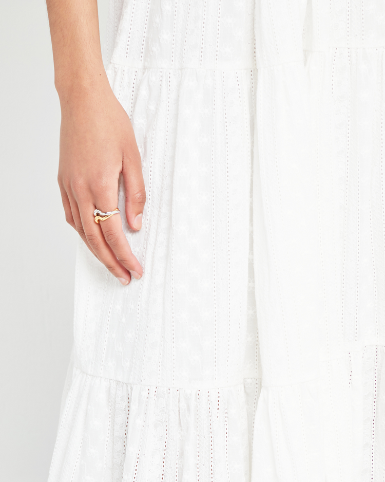 Second image of Cotton Artemis Dress, a white midi dress, lace material, eyelet, tie straps, ribbon, tank